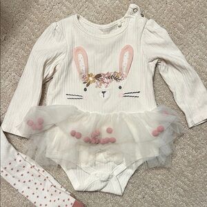 Tu 6-9M Adorable Cream Bunny One Piece with attached Tutu for Kids with Tights